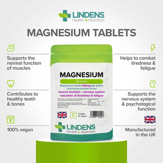 Lindens Magnesium Tablets 500Mg, 1000 Tablets - Reduces Tiredness & Fatigue, Supports Metabolism, Muscle Function, Nervous System, Bones & Teeth - Uk Made