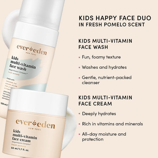 Evereden Kids Happy Face Duo (Fresh Pomelo) - Multi-Vitamin Kids Face Wash & Kids Face Cream Set - Clean & Vegan Skin Care For Kids 3+ - Moisturizing, Nourishing, & Protective Kids Skin Care Set