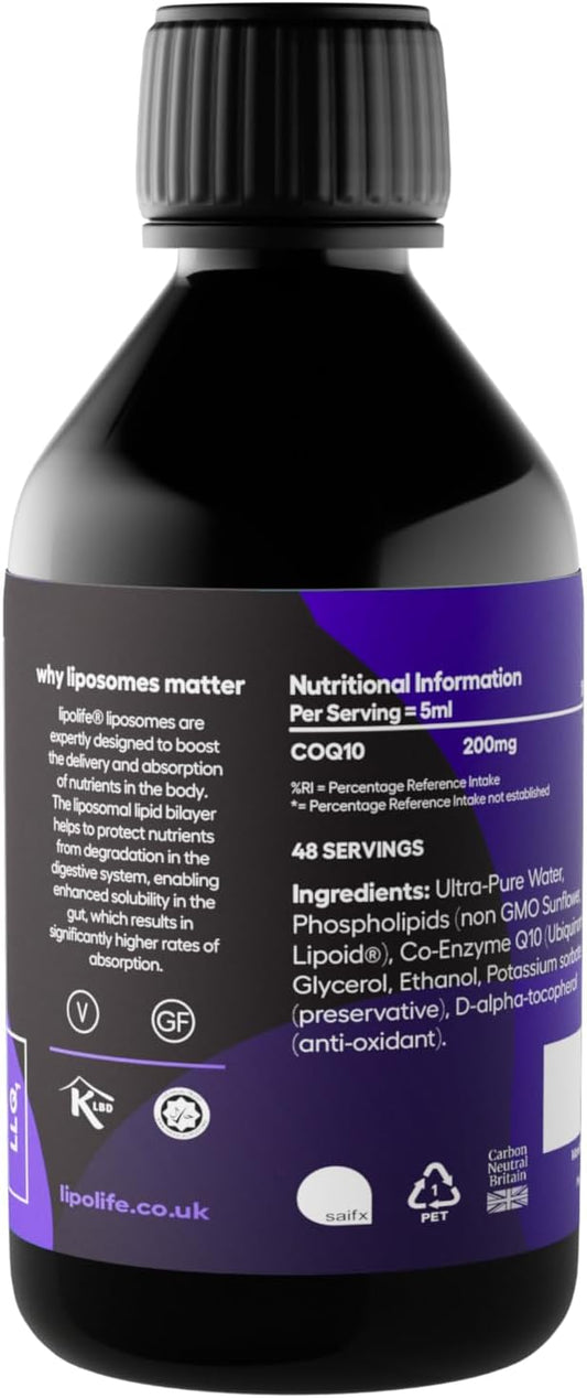 Lipolife Liposomal Coq10/ Co-Enzyme Q10 (Ubiquinone) | Llq1| Superior Absorption | 240Ml/48 Servings | Advanced Liposomal Encapsulation Technology | Made In The Uk | Advanced Nutrient Delivery