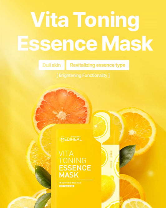 Mediheal Vita Toning Essence Mask, Revitalizing & Balancing Facial Sheet Mask For Dull Skin, Vita Complex And Niacinamide, Eco-Friendly & Hypoallergenic Cellulose Sheet 15 Sheet