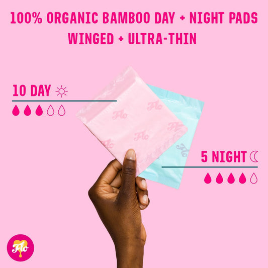 FLO Organic Bamboo Sanitary Period Pads with Wings - 100 Percent Organic, Soft, Silky, Ultra-Absorbent & Biodegradable - Ultra-Thin - Combo Pack 10 Day & 5 Night Pads