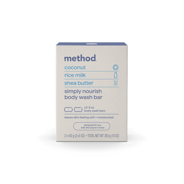 Method Bar Soap, Simply Nourish, Coconut, Rice Milk + Shea Butter Notes, Plastic Free, 2 Bars, 5Oz Each