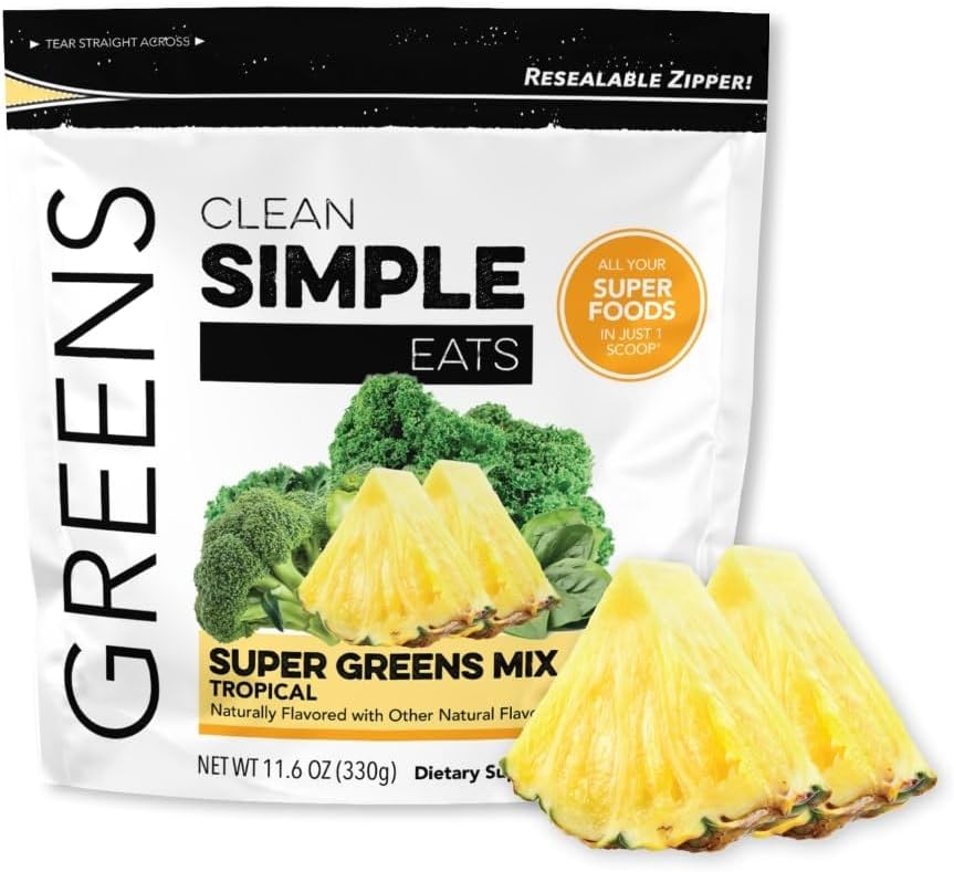 Clean Simple Eats Tropical Greens Powder Mix, Greens Superfood Powder Smoothie & Juice Mix, Gluten Free, Includes Powerhouse Superfoods Chlorella & Spirulina Powder Organic (30 Servings)