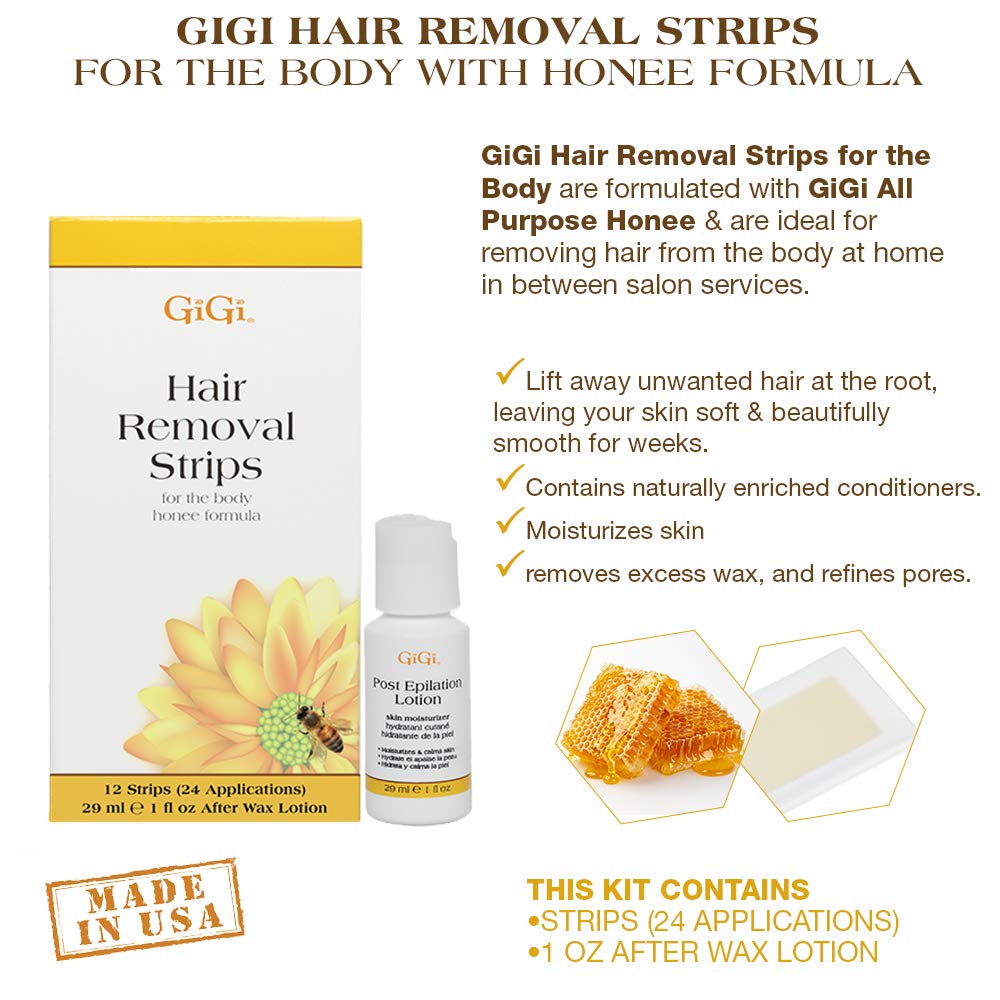 Gigi Hair Removal Wax Strips For Body - Pre-Waxed With Gigi All-Purpose Honee Formula, Waxing Kit For Women, 12 Strips + After Wax Lotion : Hair Waxing Strips : Beauty & Personal Care