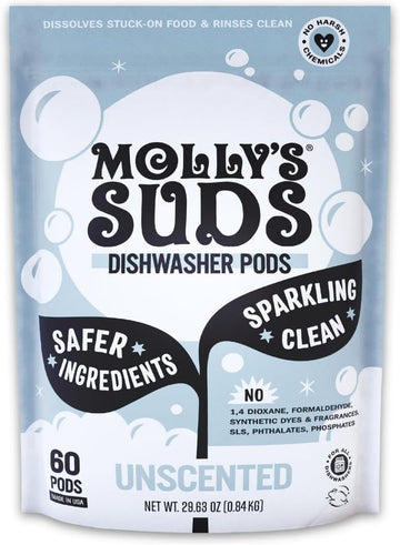 Molly's Suds Dishwasher Pods | Natural Dishwasher Detergent, Cuts Grease & Rinses Clean (Residue-Free) for Sparkling Dishes | 60 Auto-Release Tabs (Unscented)