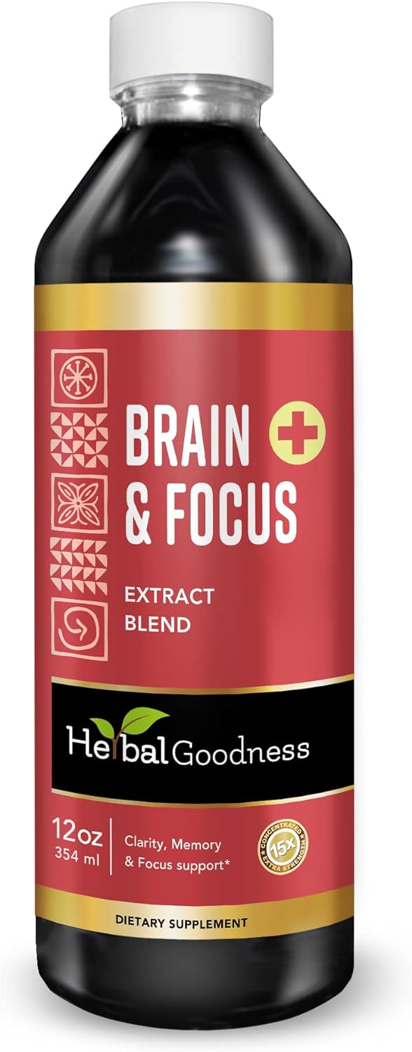 Herbal Goodness Brain and Focus - Nootropic Brain Supplement, Immune System Booster, Brain Health - Gingko, Graviola, Lion's Mane - Non-GMO, Natural - 12oz - 23 Servings