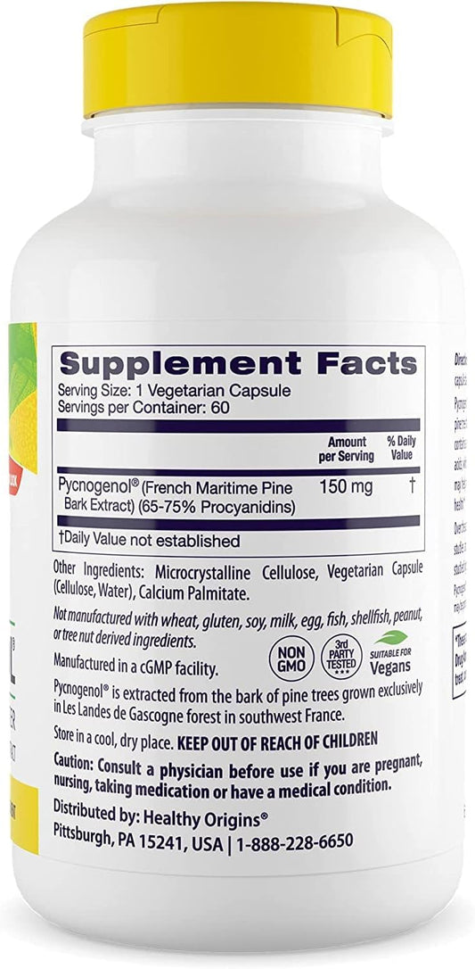 Healthy Origins Pycnogenol 150 mg - Premium Pine Bark Extract - French Maritime Pine Bark Extract for Heart Health, Skin Care & More - Gluten-Free & Non-GMO Supplement - 60 Veggie Caps