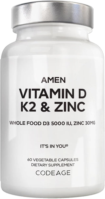 Amen Vitamin D, K2 & Zinc, Cholecalciferol D3 5000 Iu, Organic Whole Food Blend With Apple, Blueberry, Cranberry, Elderberry Powder Fruits, Vegan Supplement, D3 K2 Vitamins, Non-Gmo - 60 Capsules