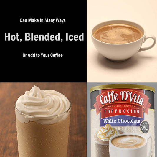 Caffe D'Vita White Chocolate Cappuccino Mix - White Chocolate Powder, Gluten Free, No Cholesterol, No Hydrogenated Oils, No Trans Fat, 99% Caffeine Free, Instant Cappuccino Mix - 1 Lb Can