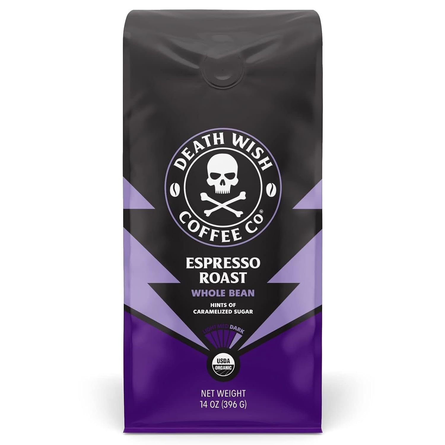 Death Wish Coffee Co. Whole Bean Espresso Roast - Extra Kick of Caffeine - Organic, Fair Trade, Arabica and Robusta Coffee Beans, 14 ounce (Pack of 1)