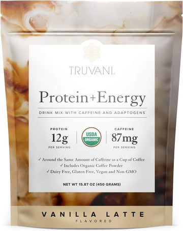 Truvani Protein + Energy Drink Mix With 87Mg Caffeine | 12G Protein | Vanilla Latte | 20 Servings | Usda Organic Coffee Powder & Adaptogens | Vegan, Dairy & Gluten-Free, Non-Gmo