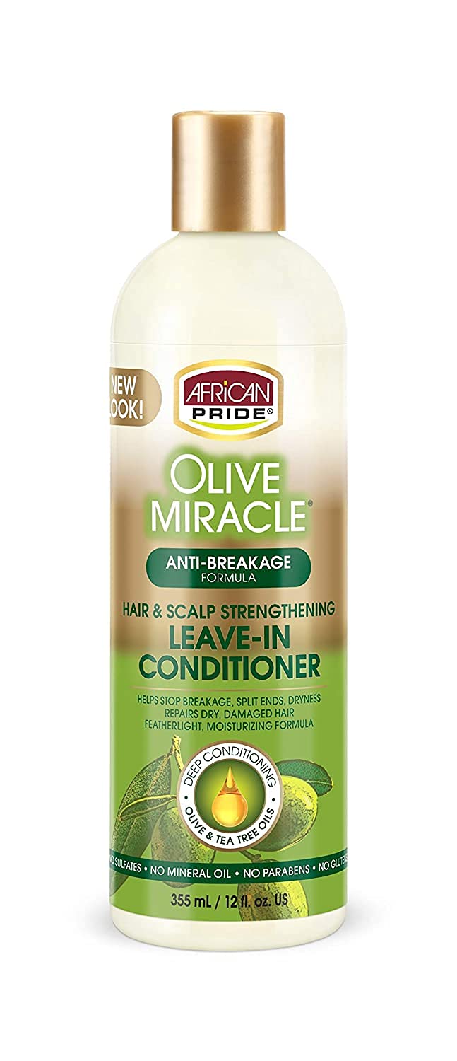 African Pride Olive Miracle Leave-In Conditioner (3 Pack) enriched with olive oil and tea tree to seal in moisture and prevent breakage. 12oz