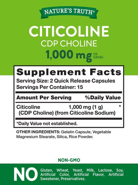 Nature'S Truth Citicoline 1000Mg | 30 Capsules | Cdp Choline | Non-Gmo & Gluten Free Supplement