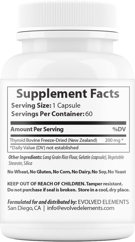 Evolved Elements Raw Grass-Fed Desiccated Bovine Thyroid - Thyroid Support for Women - Energy & Metabolism Support - New Zealand Sourced, Non-GMO, 60 Capsules