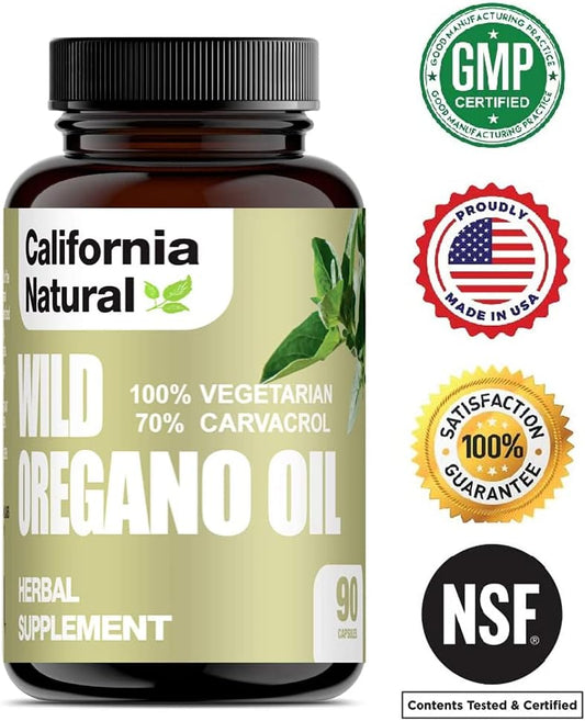 Wild Oregano Oil Vegetarian Soft Capsules - California Natural - Immune System & Digestive Support - Promote Gut Health & Healthy Digestion - 100% Vegetarian - 70% Carvacrol - Herbal 90 count