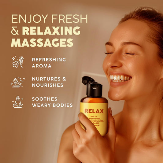 Kukka Relax Massage Oil For Massage Therapy - Spa Quality Warming Massage Oil - Body Oils For Women & Men - Infused With Lavender Oil, Jojoba Oil, Rose Geranium Oil & Vitamin E Oil - (3.38 Fl Oz)