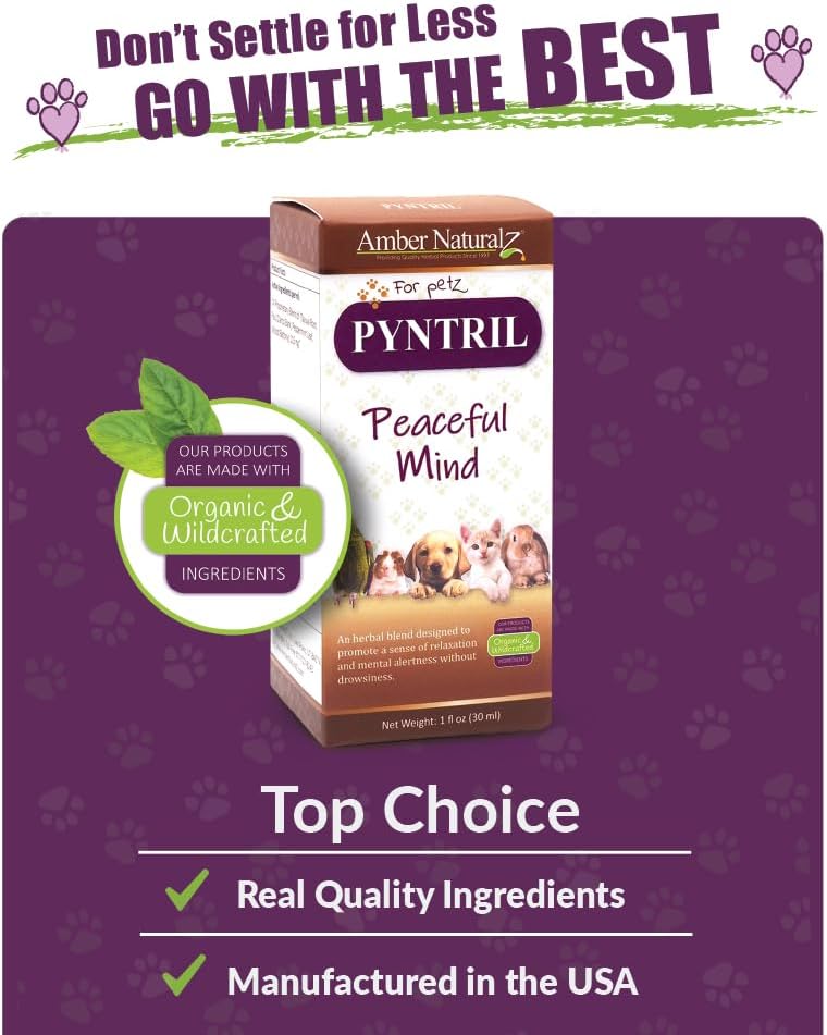 Amber Naturalz Pyntril Peaceful Mind Herbal Supplement For Dogs, Cats, Birds, Guinea Pigs, And Rabbits | Herbal Pet Supplement For Relaxation | 1 Fluid Ounce Glass Bottle | Manufactured In The Usa : Pet Supplies