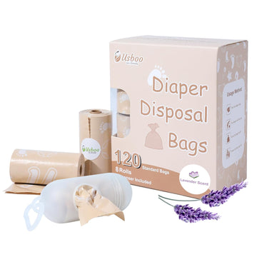 Diaper Bags Disposable For Baby, Biodegradeable Dirty Diaper Bags (8 Refill Rolls/120 Bags) With Dispenser, Leak Proof Diaper Trash Bags, Baby Poop Bags, Lavender Scent