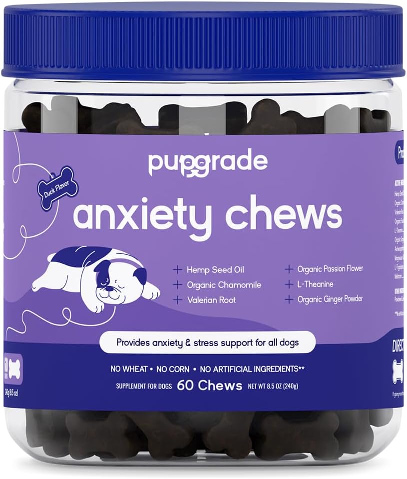 Pupgrade Anxiety Chews - Anxiety & Stress Support For All Dogs - Natural Muscle Relaxant & Ease Nervous Upset Stomachs - No Wheat, Corn, And Artificial Ingredients - Meat Flavored - 60 Soft Chews