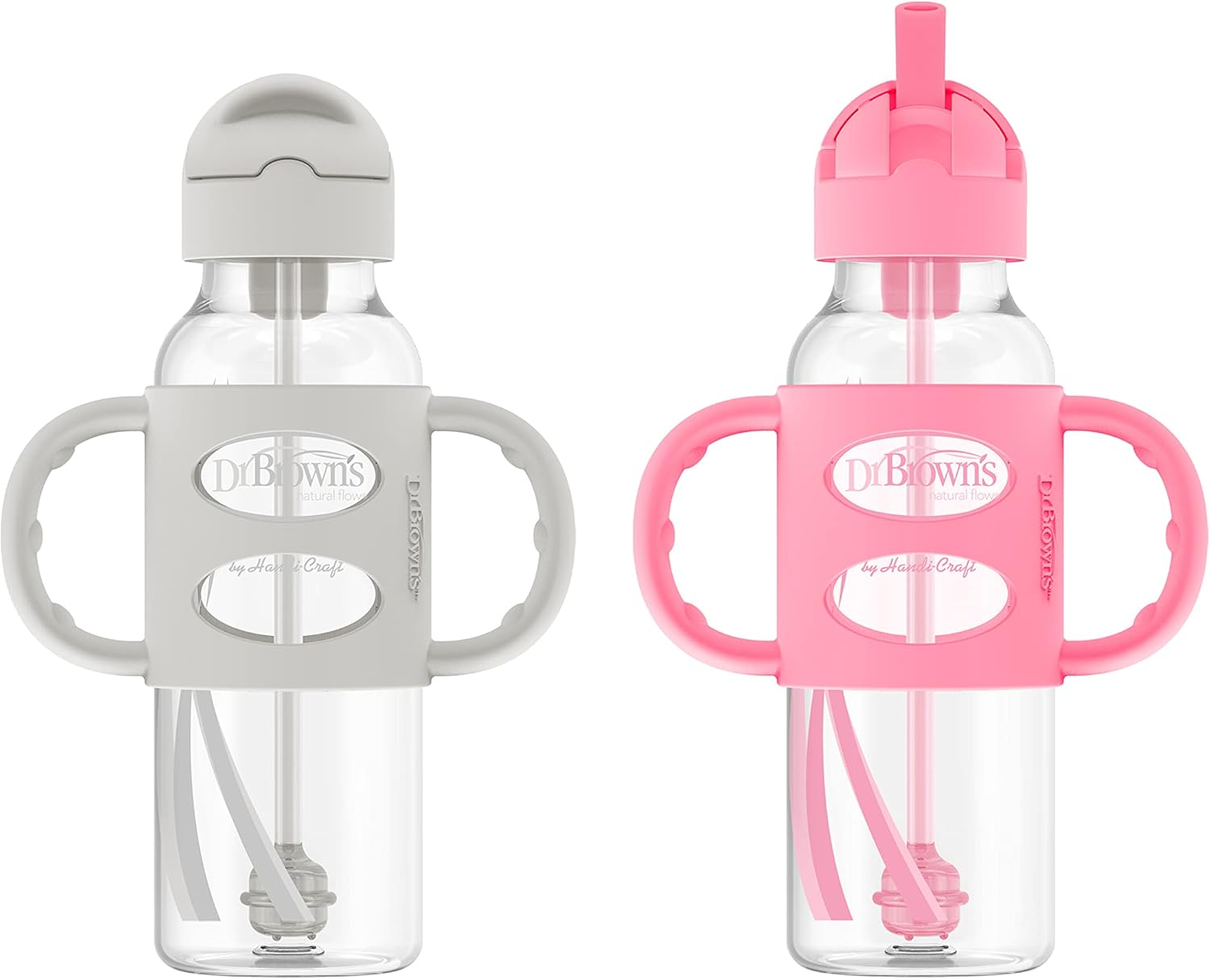 Dr. Brown'S Milestones Narrow Sippy Straw Bottle, Spill-Proof With 100% Silicone Handles And Weighted Straw, 8 Oz/250 Ml, Gray & Pink, 6M+
