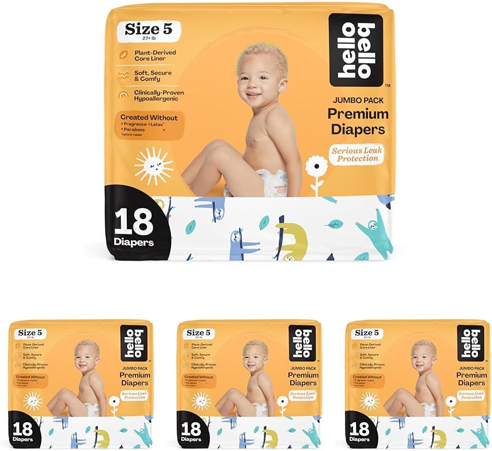 Hello Bello Premium Baby Diapers Size 5 I 18 Count Of Disposable, Extra-Absorbent, Hypoallergenic Baby Diapers With Snug And Comfort Fit I Sleepy Sloth (Pack Of 4)