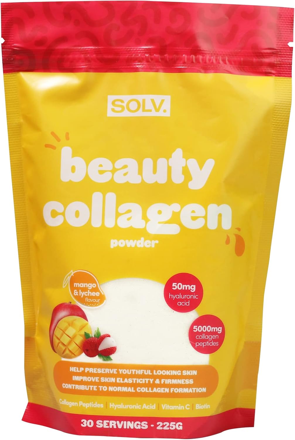 Solv Type 1 Collagen Peptides Powder 5000Mg, Pure Marine Collagen With Hyaluronic Acid, Biotin Hydrolyzed Collagen Supplements - Mango & Lychee (30 Servings), Skin Hair Nail Support Supplements