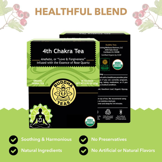 Buddha Teas - 4Th Chakra Tea - Organic Herbal Tea - For Balance, Love & Forgiveness - With Hawthorn Berry, Lavender, Hyssop & Rose Quartz Essence - Ou Kosher - 18 Tea Bags (Pack Of 1)