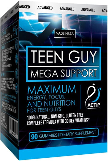 Actif Teen Guy Mega Support With 30 Organic Vitamins, Omega-3, Super Greens, Fruits, Vegetables – Energy And Memory Supplement For Teens, 90 Gummies