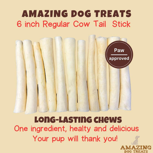 Amazing Dog Treats - Cow Tail Dog Chews (6 Inch Regular - 25 Pack) - Sourced from 100% Grass Fed Cattle - All Natural - Long Lasting Chew for Dogs - Rawhide Alternative for Dogs