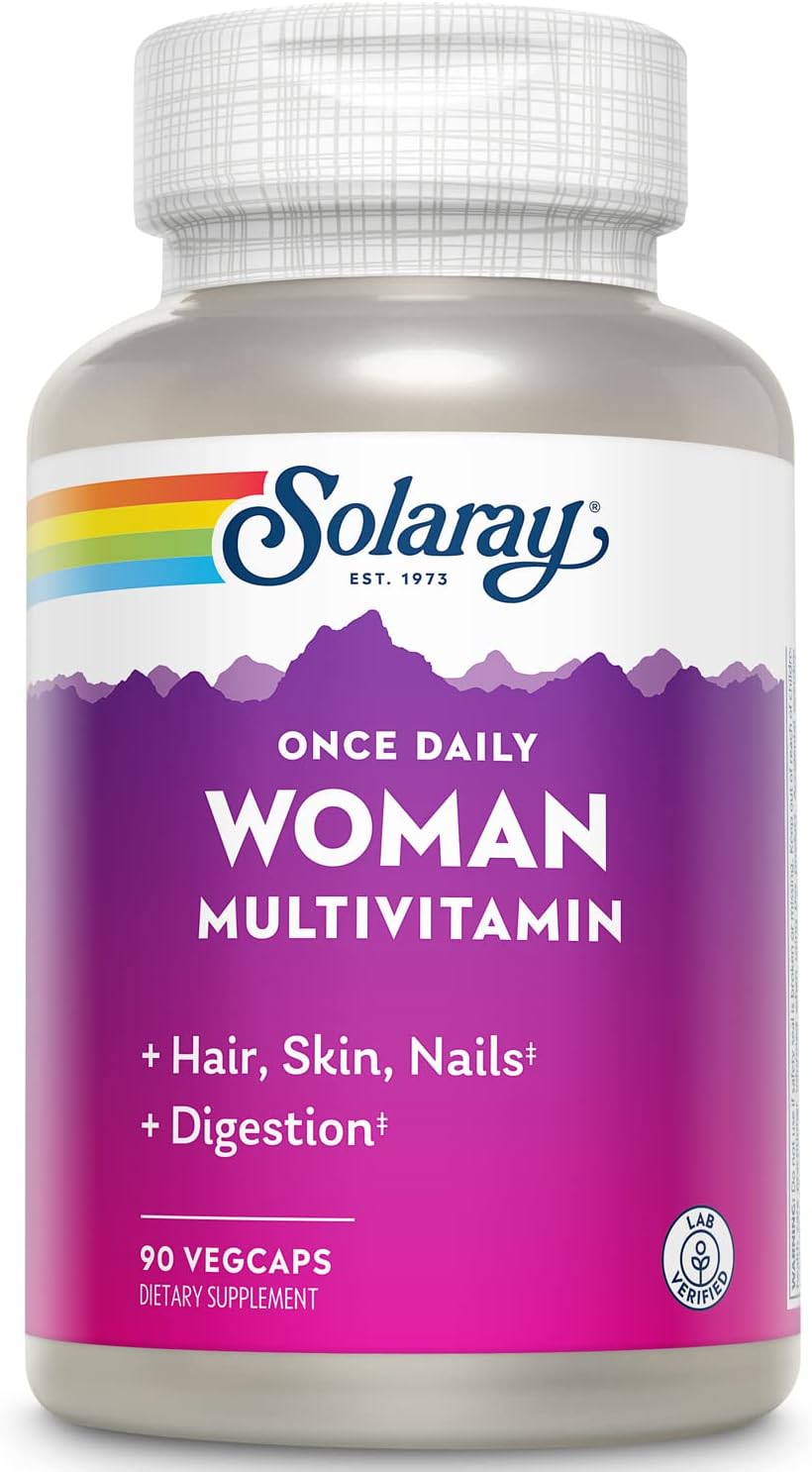 Solaray Once Daily Woman Multivitamin with Iron, Women?s Multivitamin with Hair, Skin & Nails Blend, Enzyme Blend & Whole Food Base, Healthy Energy, Immune & Digestion Support, 90 Servings, 90 VegCaps