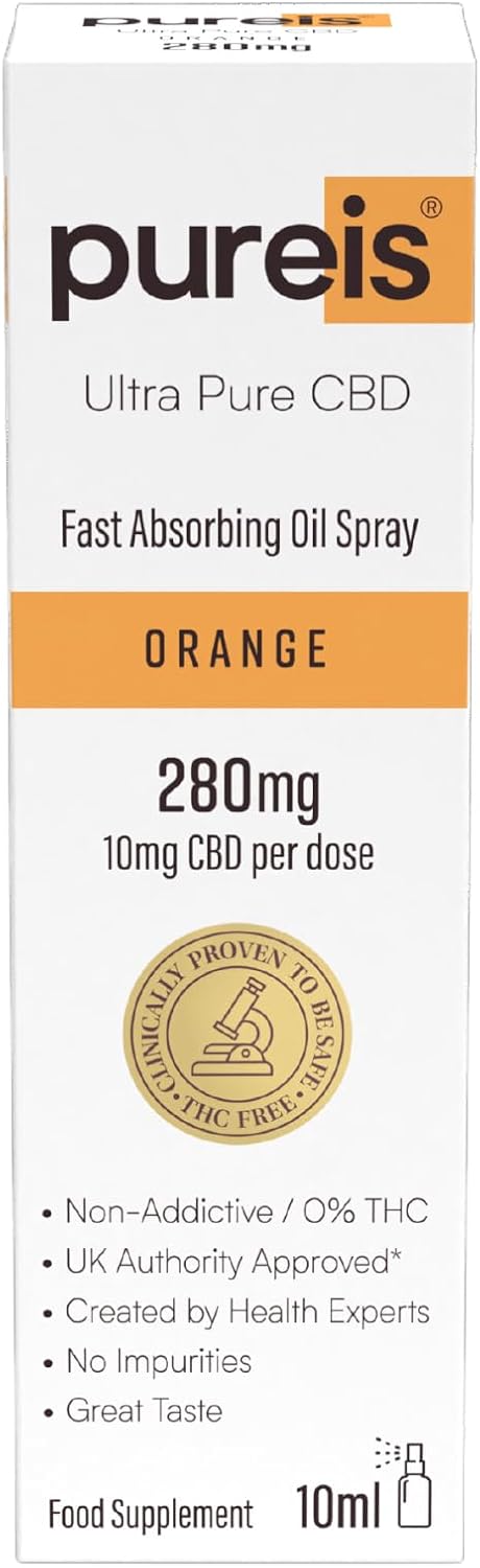Pureis Cbd Oil, Ultra Pure, Fast Absorbing - Orange Flavour Oral Spray - 280 Mg = 10 Mg Of Cbd Per Use - 0% Thc, Non-Addictive, Vegan, Gluten-Free - 10 Ml