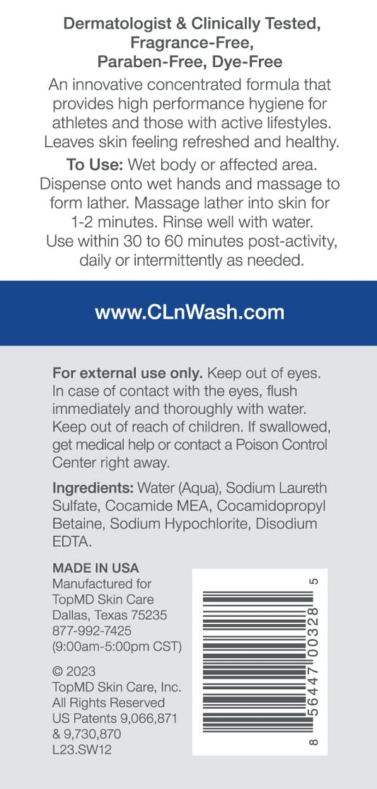 Cln® Sportwash – High-Performance Sport Body Wash, For Men & Women Prone To Body Odor, Foot Odor, Ringworm, Folliculitis, & Back Acne, Fragrance-Free & Paraben-Free, 3.4 Fl. Oz