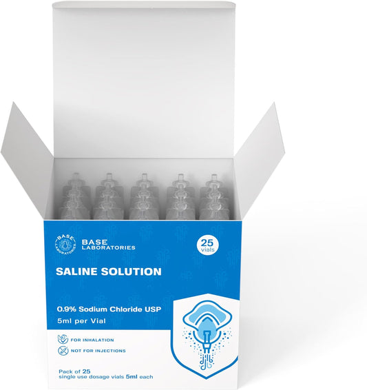 Base Laboratories 0.9% Saline Solution For Nebulizer Machine | Saline Solution For Inhalation & Nasal Irrigation | 0.9% Concentration L 25 Vials 5Ml Unit Dose