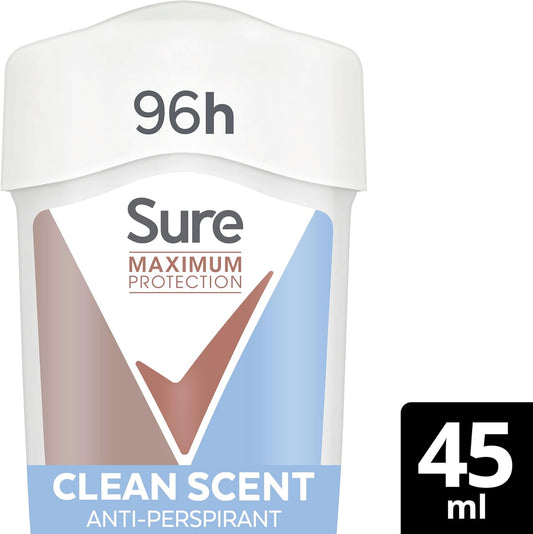 Sure Maximum Protection Clean Scent Anti-Perspirant Cream Women'S Deodorant Stick With 3X Stronger* Sweat Protection For 96 Hour Sweat And Odour Protection 45 Ml