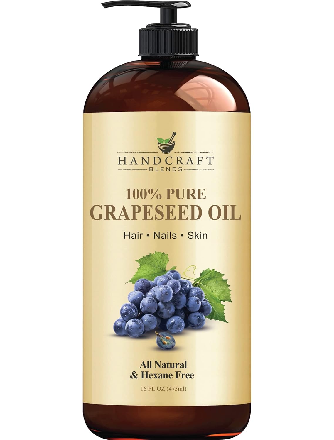 Handcraft Blends Grapeseed Oil - Cold-Pressed 16 Fl Oz - 100% Pure And Natural - Premium Grade Carrier Oil For Skin And Hair - Hair And Body - Massage - Hexane-Free