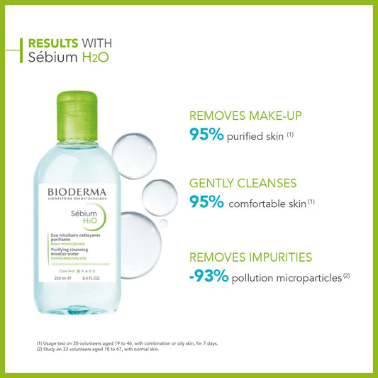 Bioderma Sébium H2O - Purifying Micellar Water For Oily, Combination & Acne Prone Skin, Cleanser Removes Impurities, Pollution & Pollen, Gentle Makeup Remover, 250Ml