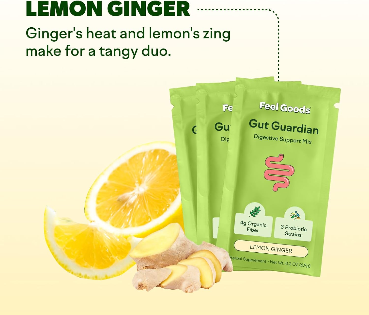 Feel Goods Gut Guardian, Organic Fiber, Probiotic & Prebiotic Powder, Sugar Free, Herbs For Bloat, Gut Health Support, Digestive Health For Men & Women, Non Gmo, Vegan, Lemon Ginger, 15 Count : Health & Household