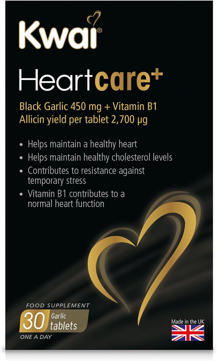 Kwai Heartcare+ Black Garlic | Garlic Capsules odourless & Vitamin B1 I Healthy Cholesterol Levels and a Healthy Heart, Rich in antioxidants | 450mg Garlic per Tablet | 30 Tablets : Amazon.co.uk: Health & Personal Care