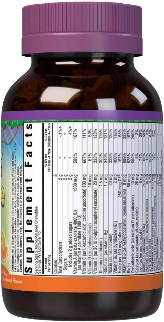 Bluebonnet Nutrition Rainforest Animalz Whole Food Based Multiple Chewable Tablets, Kid Multivitamin & Mineral, Vitamin C, D3, Iron, Gluten Free, Milk Free, Kosher, 90 Chewable Tablets, Orange Flavor