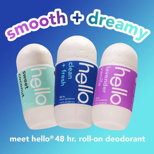 hello Roll On Deodorant Variety Pack (Lavender, Coconut, Clean & Fresh), Aluminum Free Deodorant for Women + Men, 48 Hour Non Sticky Formula, Travel Deodorant, 3 Pack, 1.69 oz Tubes