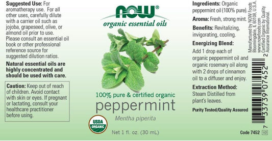 Now Essential Oils, Organic Peppermint Oil, Invigorating Aromatherapy Scent, Steam Distilled, 100% Pure, Vegan, Child Resistant Cap, 1-Ounce