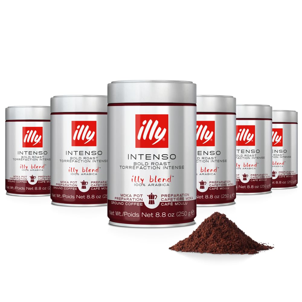 Illy Ground Coffee Moka - 100% Arabica Flavored Coffee Ground - Rich Aromatic Coffee Grounds Profile – Intenso Dark Roast – Warm Notes Of Cocoa & Dried Fruit - No Preservatives – 8.8 Ounce, 6 Pack