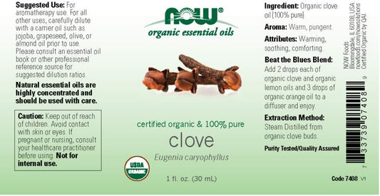 Now Essential Oils, Organic Clove Oil, Balancing Aromatherapy Scent, Steam Distilled, 100% Pure, Vegan, Child Resistant Cap, 1-Ounce