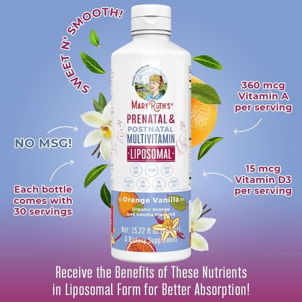 MaryRuth Organics Prenatal & Postnatal Liposomal Multivitamin Women, Sugar Free Liquid Vitamin, for Pre-Conception, Pregnancy, Nursing, Vegan, Non-GMO, Gluten Free, 1 Month Supply, 15.22 Fl Oz