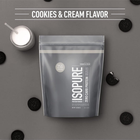 Isopure Zero Carb 100% Pure Whey Isolate Protein Powder, Lactose Free, Gluten Free, With Vitamins, Cookies & Cream, 25G Protein Per Serving, 1 Lb, 15 Servings