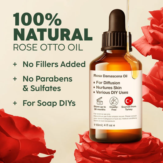 Kukka Rose Essential Oils For Skin Use & Aromatherapy - 100% Natural Rose Oil For Face - Rose Oil Essential Oil For Diffuser Skin Face Hair & Soap Making Scent & Perfume (4 Fl Oz)