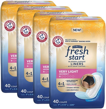 FitRight Fresh Start Urinary and Postpartum Incontinence Liners for Women, Very Light Absorbency, with The Odor-Control Power of ARM & Hammer Baking Soda (160 Count, 4 Packs of 40)