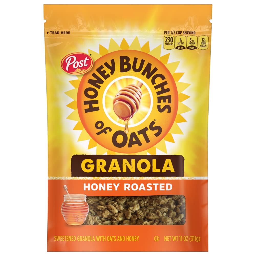 Post Honey Bunches of Oats Honey Roasted Granola Cereal and Snack, Good Source of Fiber, made with Whole Grain Breakfast Cereal, 11 Ounce (Pack of 5) (88679)