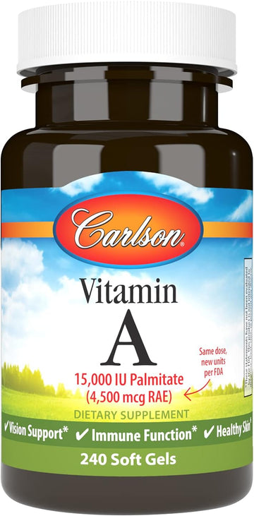 Carlson - Vitamin A, 15000 IU Palmitate (4500 mcg RAE), Vision Health & Healthy Skin, Immune Function, 240 Softgels