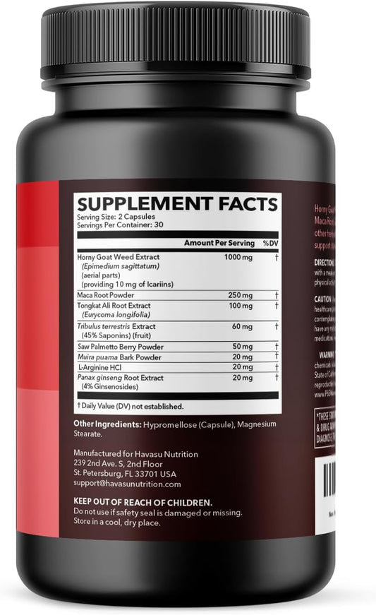 Horny Goat Weed For Men And Women - Extra Strength Performance Support With Maca Root Extract & Tongkat Ali & Muira Puama - Power, Performance And Energy Support - 1 Month Supply Herbal Supplement